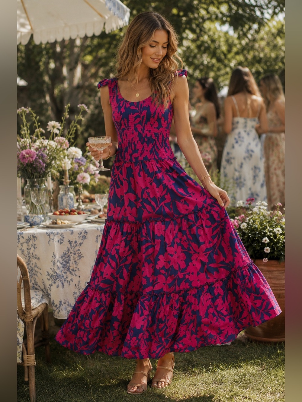 ABEL THE LABEL Angelica Floral Smocked Tiered Maxi Dress Size M Beach  Festival